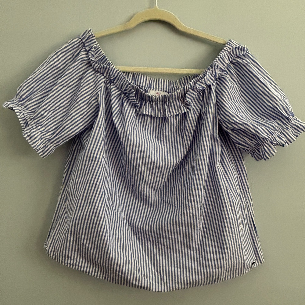 Vineyard Vines Blue and White Seersucker Striped Off the Shoulder Bardot Blouse